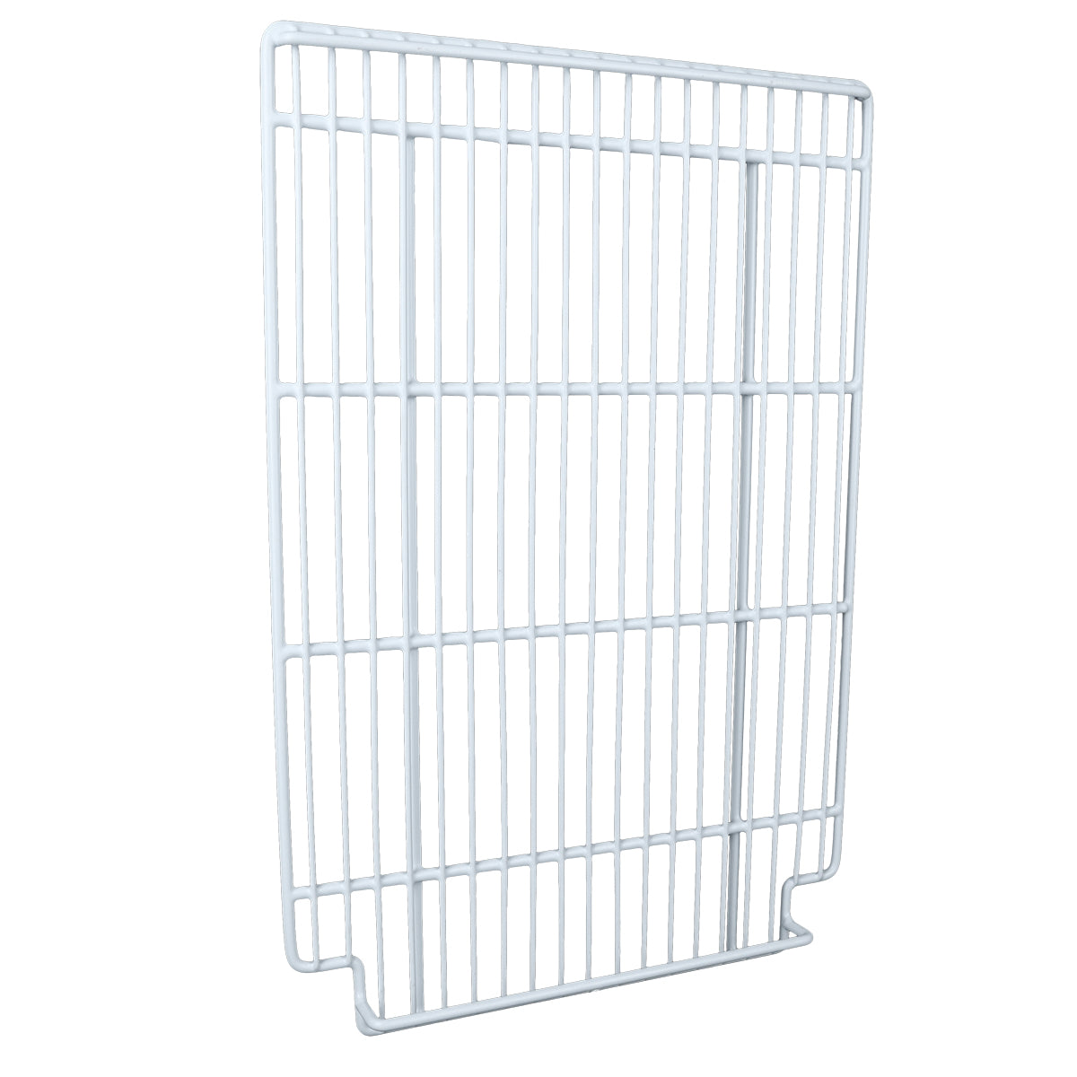 A white metal wire shelving panel, such as the Empura Refrigeration Left Shelf, stands vertically. Evenly spaced bars form a grid pattern, while a small central notch at the bottom enhances its minimalist, utilitarian design—ideal for Empura Parts replacement.