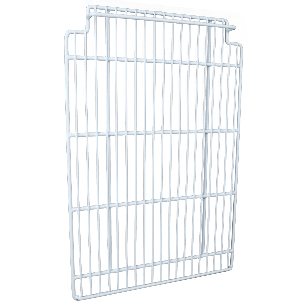 A white metal wire left shelf with vertical and horizontal bars creating a grid pattern, rectangular in shape, with two small cutouts near the top edge. Designed as an Empura Refrigeration part for use in shelving units or storage systems.