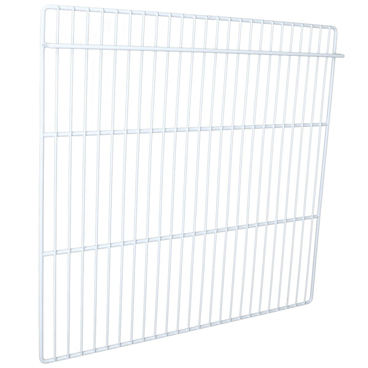 A white, rectangular metal wire Middle Shelf with evenly spaced bars, viewed at an angle against a plain white background. Sturdy in structure, it is likely used for storage or as a refrigerator shelf for Empura Refrigeration models like E-KPP93.