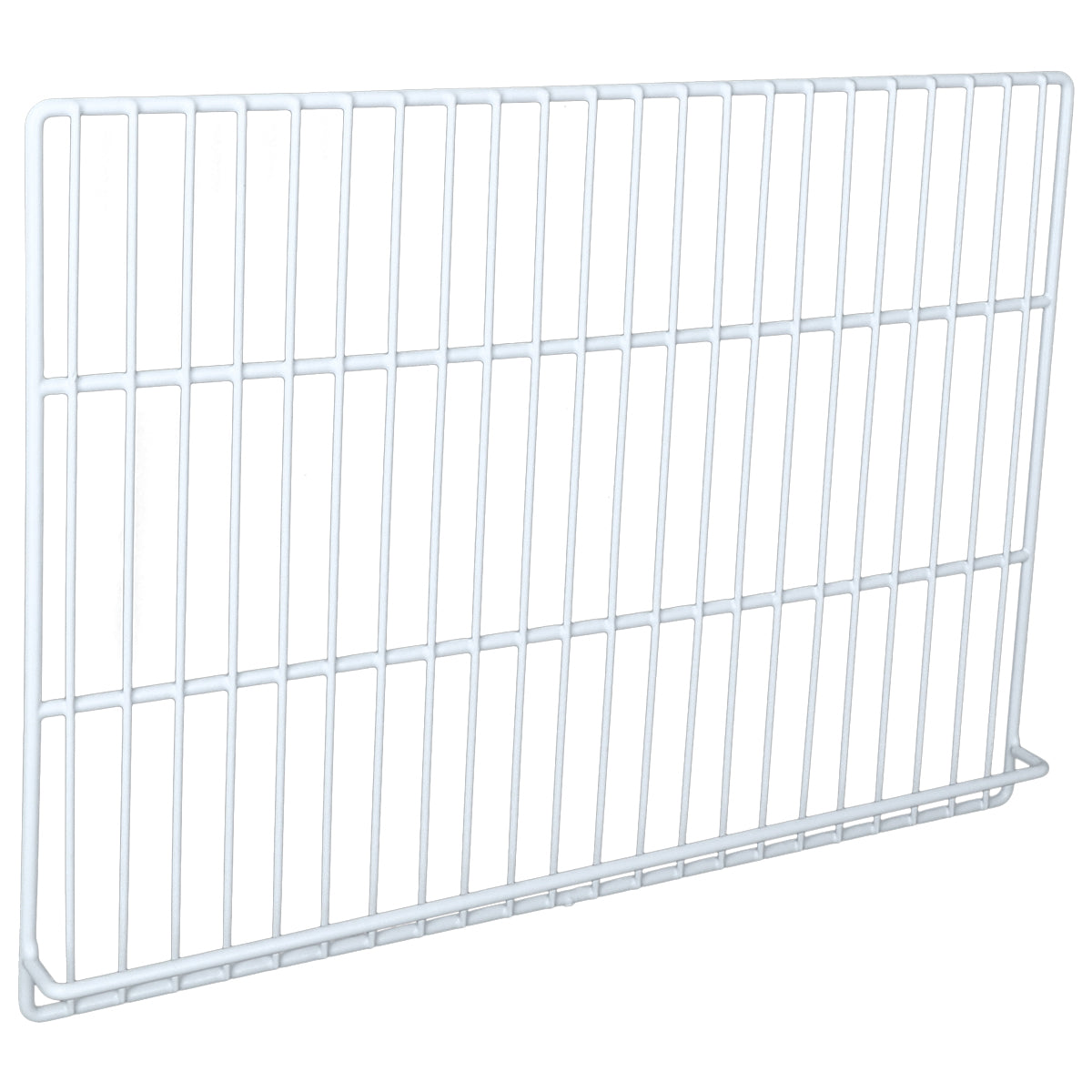 A rectangular, white Empura Refrigeration wire shelf with evenly spaced vertical and horizontal bars forms a grid. The Left Shelf is slightly tilted, showing its depth and three-dimensional structure against a clean white background.