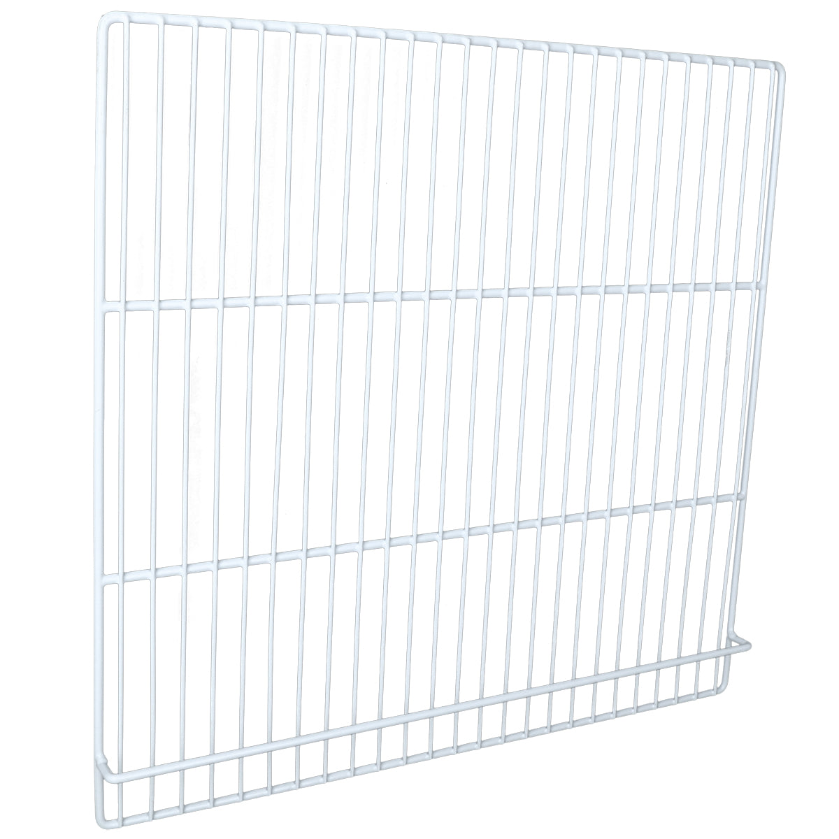 A white metal wire shelving rack from Empura Parts features vertical and horizontal bars forming a rectangular grid, viewed at an angle against a plain white background. The bottom edge includes an extended horizontal bar for added support or function.