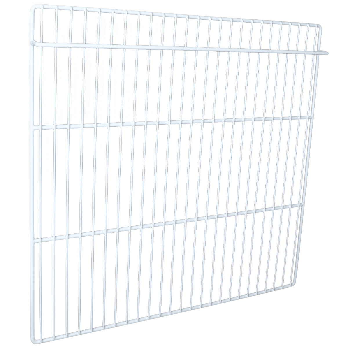 A white metal wire grid panel, often used as a Left Shelf in Empura Refrigeration units, features evenly spaced vertical and horizontal bars. Photographed against a plain background, the grid appears slightly tilted to show depth.