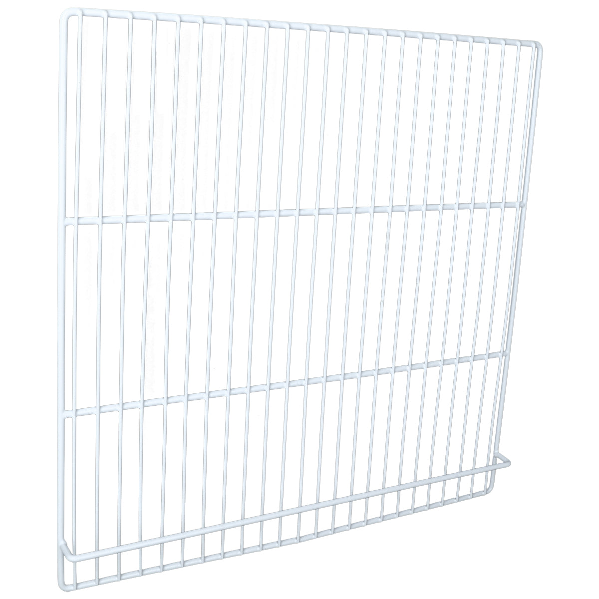 A white, rectangular metal wire rack—possibly an Empura Refrigeration E-KPP67 Right Shelf—features vertical and horizontal bars in a simple grid, with a slightly raised bottom front edge to keep items secure. The design is minimalistic and functional.