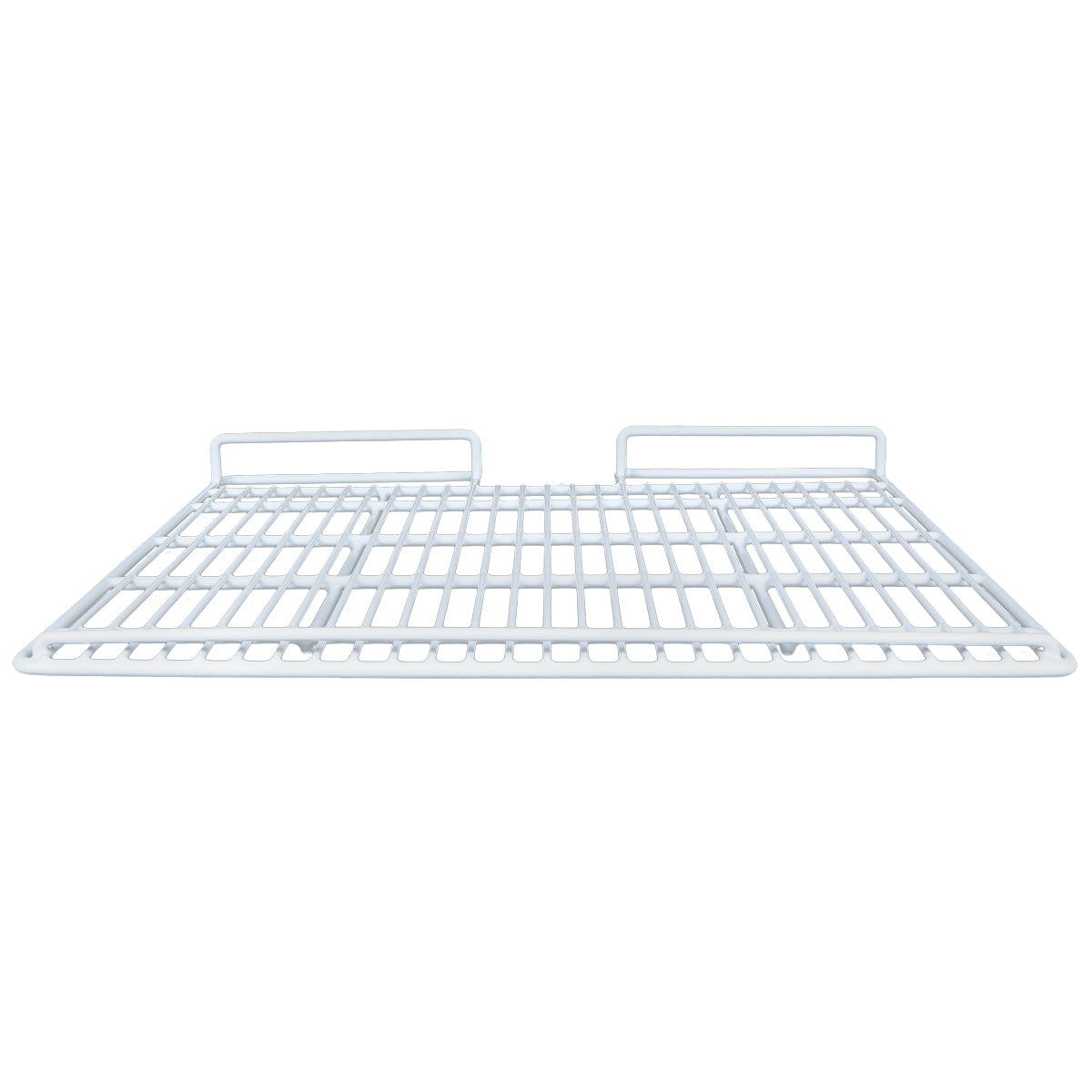 A white metal wire left shelf, model EGM-16FB by Empura Refrigeration, is viewed from the front. It features horizontal and vertical bars forming a grid pattern and two raised rectangular brackets at the back for mounting. The background is plain white.
