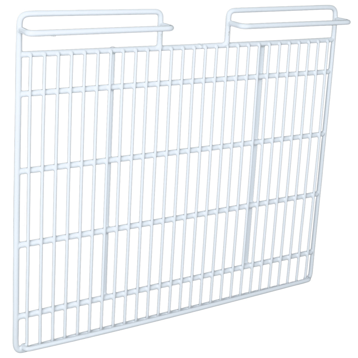 A white metal wire Left Shelf with vertical and horizontal bars, featuring a rectangular shape and a U-shaped notch at the top center. Two squared hooks extend from the top corners for hanging or mounting in Empura Refrigeration units.