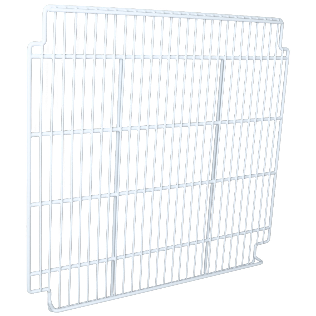 A white, rectangular metal wire shelf with evenly spaced bars forming a grid pattern. This Empura Parts right shelf features extended edges for secure placement within an Empura Refrigeration shelving unit or storage rack.