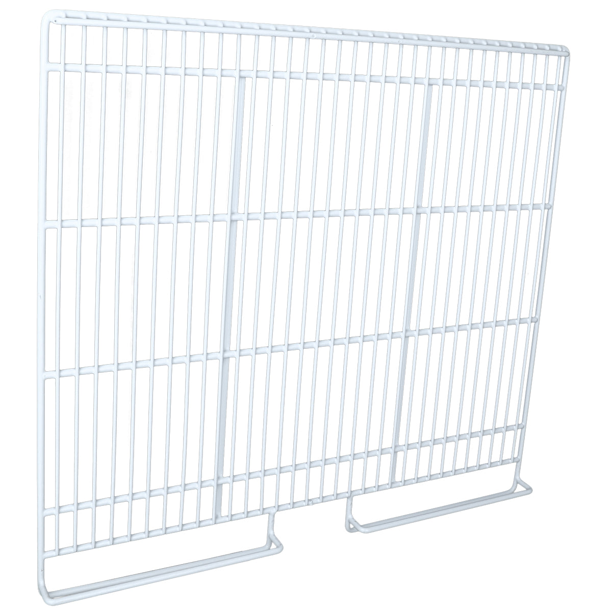 A white metal wire panel, compatible with EGM-75W, features vertical and horizontal bars forming a grid pattern. The panel has two rectangular feet for support, allowing it to stand upright. The background is plain and white.