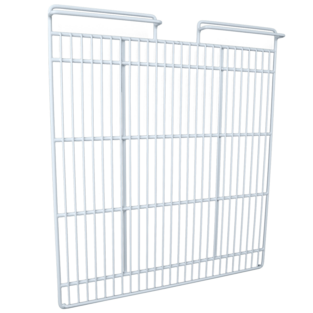 A rectangular, white metal wire shelf from Empura Parts with evenly spaced bars, designed for hanging. Two hooks extend upward from the corners for mounting onto Empura Refrigeration units. The design is open and minimalist.