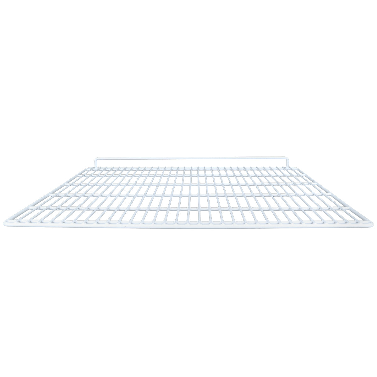 A white, rectangular Empura Refrigeration wire rack shelf viewed from the front at a low angle. The grid pattern is made of evenly spaced metal wires, and a small raised edge along the back prevents items from sliding off this middle shelf.