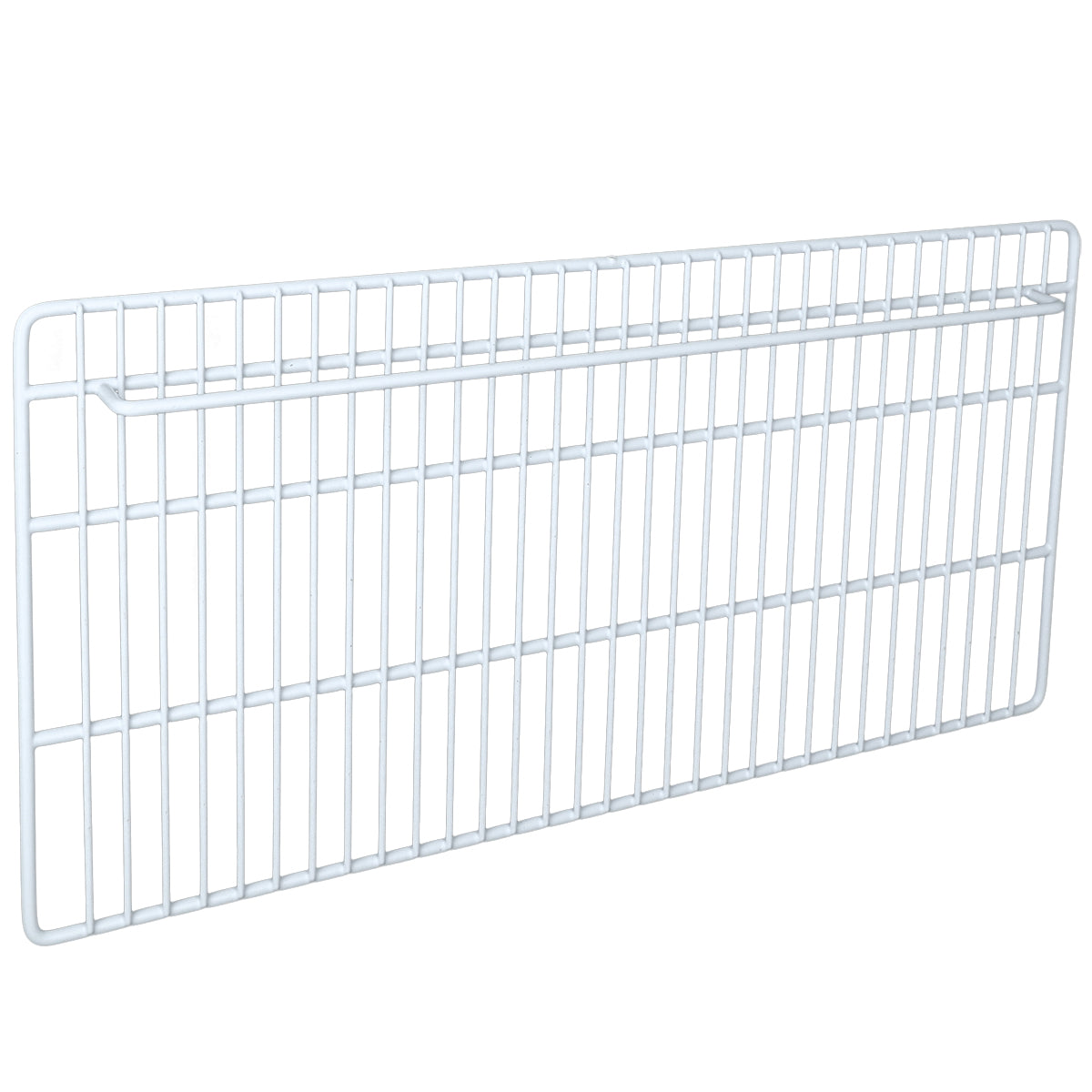 A white metal wire bottom shelf with horizontal and vertical bars forming a grid pattern. The rectangular Empura Parts shelf is viewed at an angle, showing its depth and raised edges, ideal for storage or organization in Empura Refrigeration units.