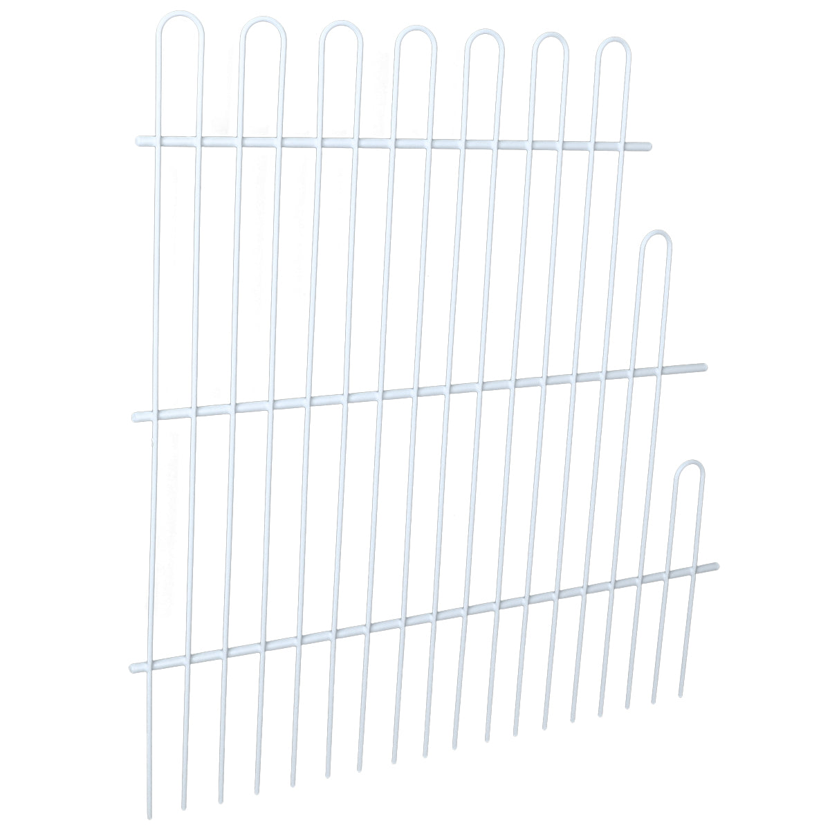 A white metal wire rack with four horizontal bars and multiple vertical rods, ideal as a Middle Shelf for Empura Refrigeration. The rods vary in height, forming a stepped pattern with smooth loops on top. The rack is isolated on a white background.