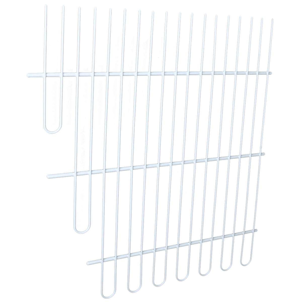 A white metal wire cooling rack with parallel bars and an angled edge, featuring six long vertical wires with U-shaped bends at the ends and three horizontal support wires—ideal as a Middle Shelf for Empura Refrigeration. Shown against a plain white background.