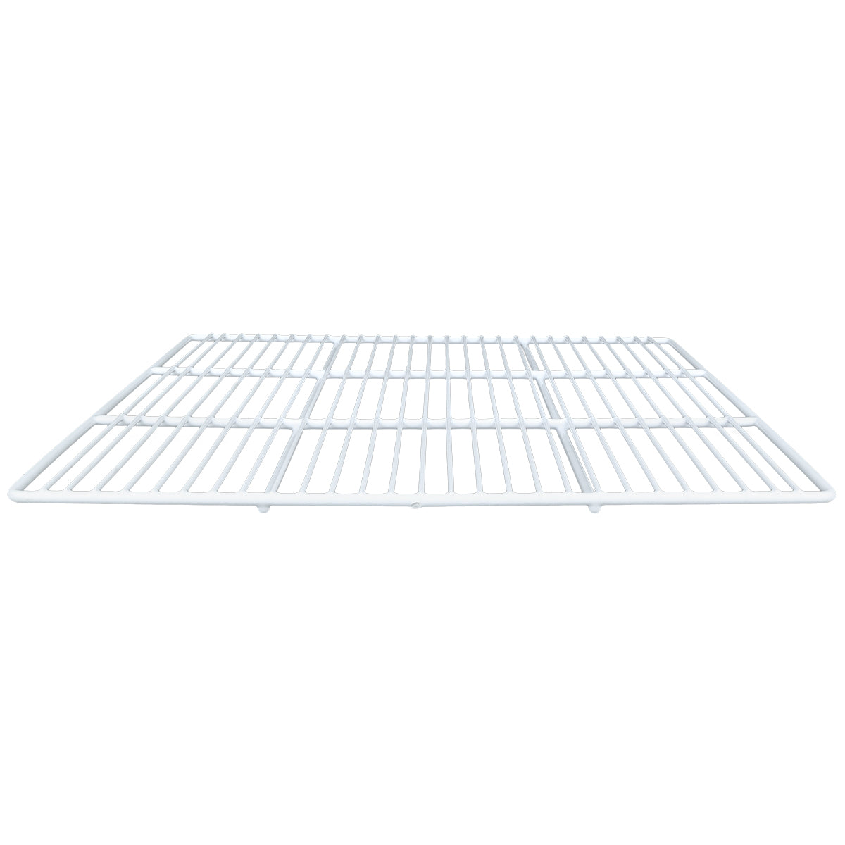 A white, rectangular Left Shelf from Empura Refrigeration with evenly spaced bars, viewed from a low angle against a plain white background. Ideal as a storage solution for refrigerators or as a replacement Empura part.