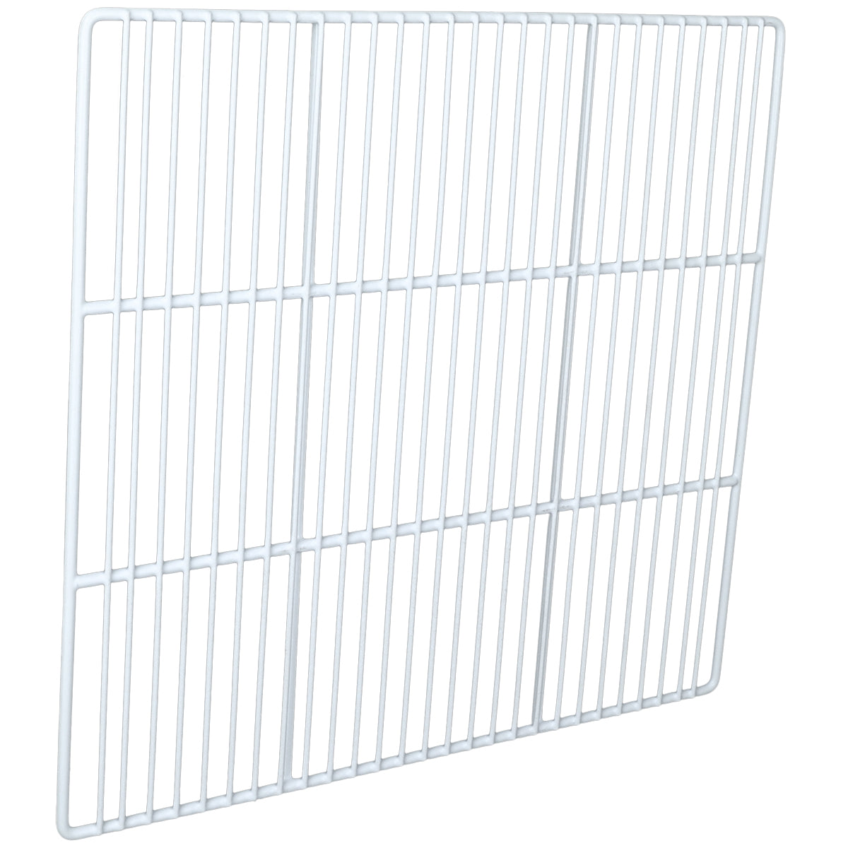 A rectangular white metal wire shelf, compatible with Empura Refrigeration units, features evenly spaced vertical and horizontal bars. The grid pattern forms narrow rectangular openings across the entire surface.