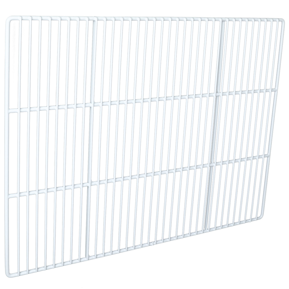 A white, rectangular wire shelf with evenly spaced bars forms a grid pattern. The plain background highlights the simple, functional design of this Empura Parts shelving piece—ideal for use as a Left Shelf in Empura Refrigeration units.
