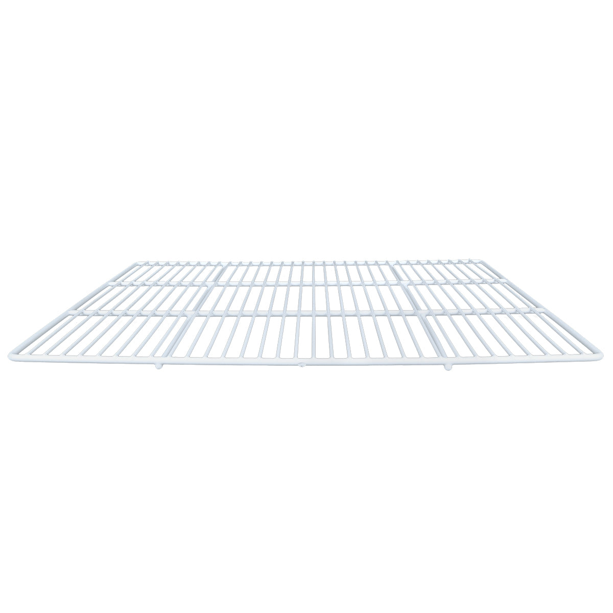 A white metal wire shelf, possibly an Empura Parts Left Shelf, is shown from a low angle. The rectangular grid of horizontal and vertical wires forms a flat, open surface often used in Empura Refrigeration units. The background is plain white.