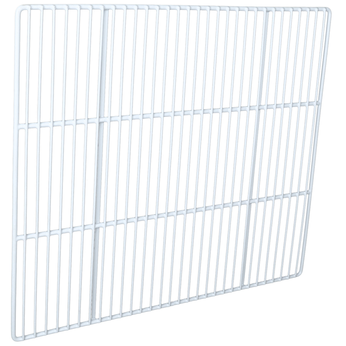 A white, rectangular metal wire shelf with evenly spaced bars creates a grid pattern. The E-KBB903B Right Shelf by Empura Refrigeration is photographed at an angle, highlighting its flat surface and sturdy construction.