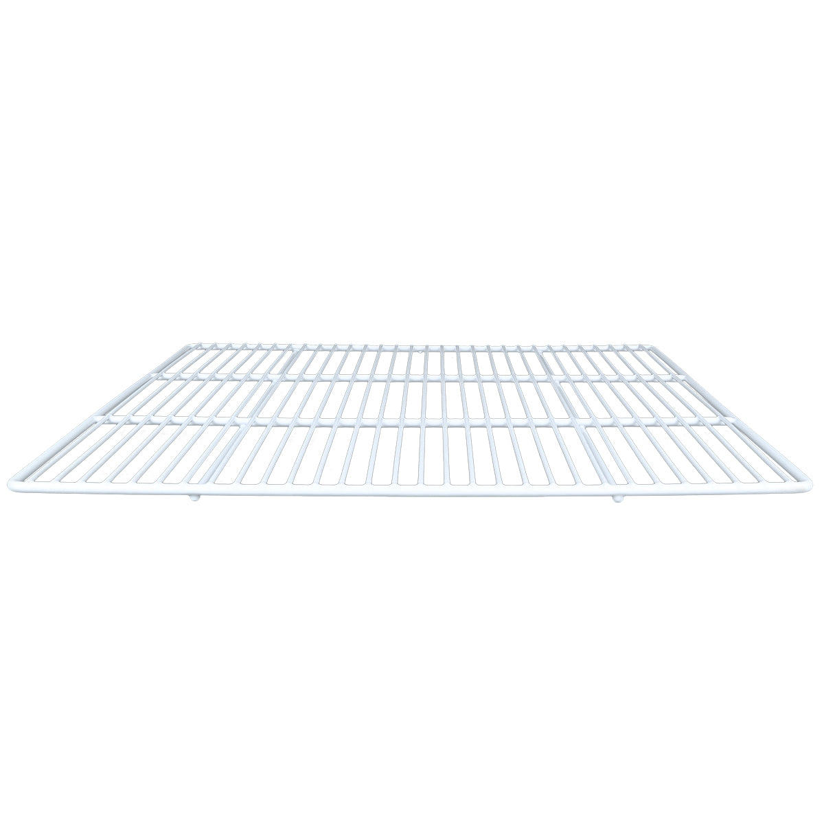 A white wire rack shelf viewed from the front, showing evenly spaced horizontal and vertical metal bars forming a grid pattern. This flat, rectangular Left Shelf is designed for storage or as a replacement for Empura Refrigeration units.