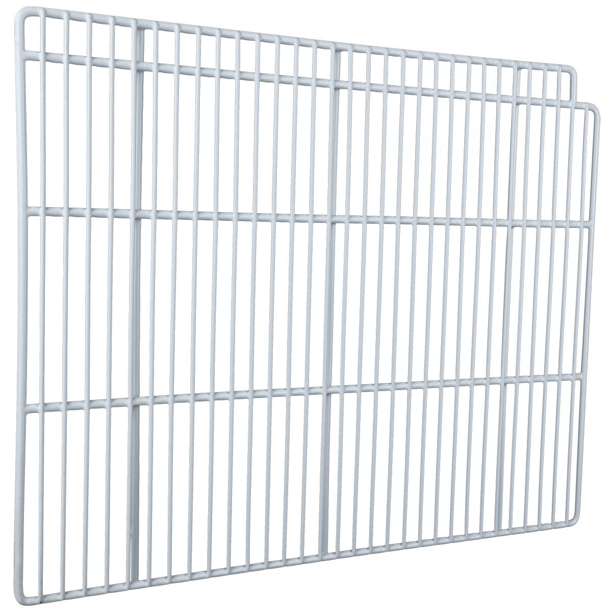 A rectangular metal wire rack with evenly spaced bars creates a grid pattern. Designed to stand upright, this Empura Refrigeration Right Shelf features a slightly taller edge, ideal for overlapping or stacking in your cooling setup.