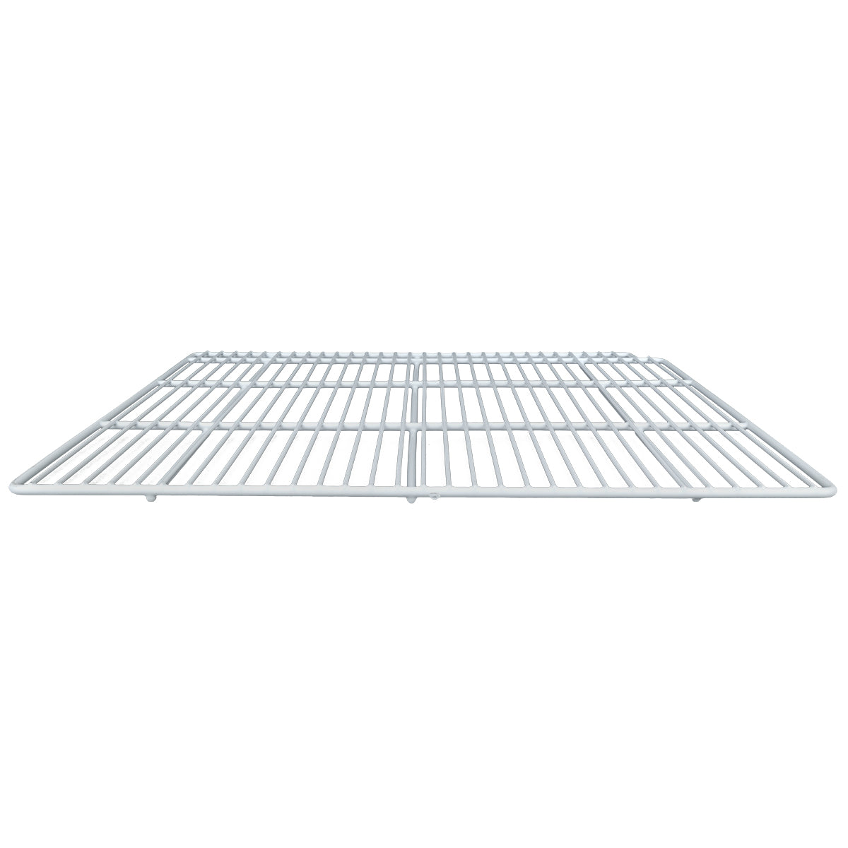 A metal wire rack with evenly spaced horizontal and vertical bars, viewed from a low angle at the front. This rectangular, flat, silver Right Shelf is likely used for cooling baked goods or as an Empura Refrigeration or oven rack. Plain white background.