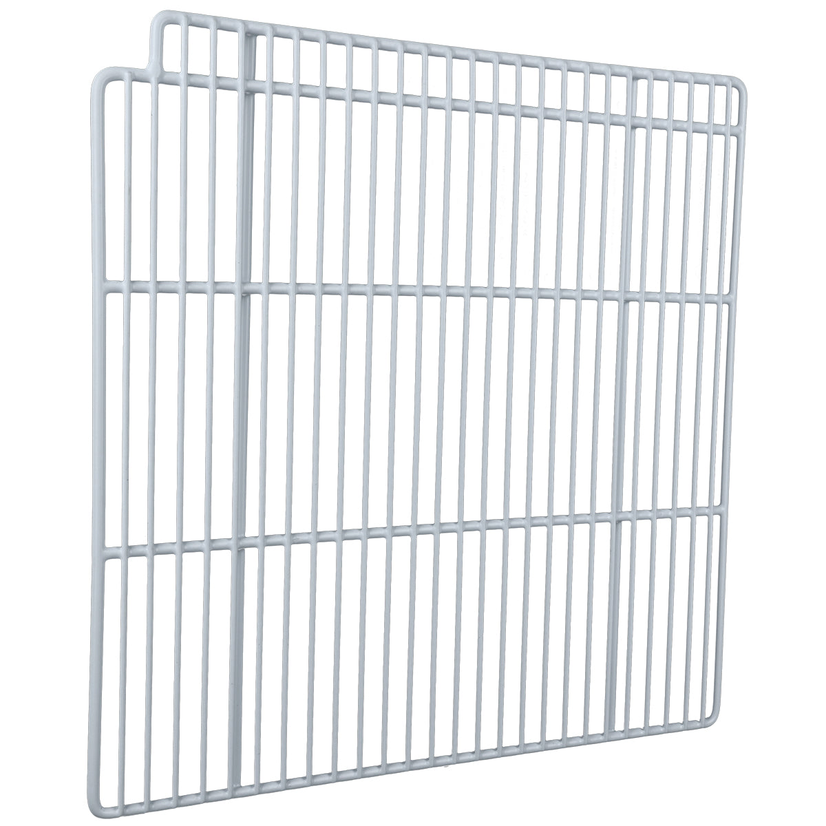 Two rectangular metal wire racks, like those used as Left Shelf components in Empura Refrigeration, overlap slightly and stand upright against a white background. Each light gray rack forms a grid of evenly spaced vertical and horizontal bars.