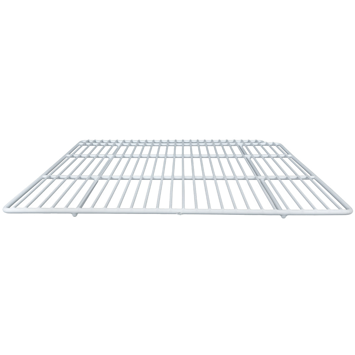 A silver metal wire oven rack or Right Shelf, shown from a low front-facing angle. The grid features evenly spaced horizontal and vertical bars, with a denser rectangular section in the upper right corner. Compatible with Empura Refrigeration.