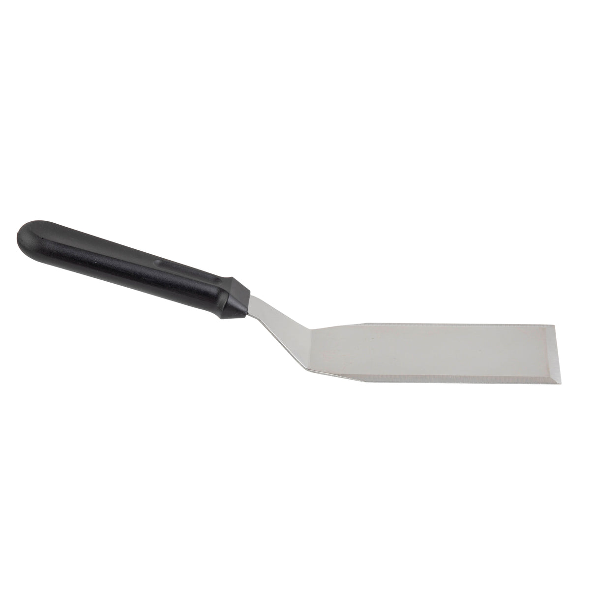 The TableCraft stainless steel turner features a flat, rectangular blade and a black plastic handle, designed for lifting or turning food. Its angled blade provides improved control and maneuverability, and it’s dishwasher safe for easy cleaning.