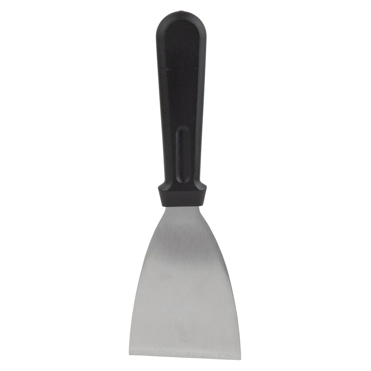 A metal putty knife with a wide, flat, stainless steel blade and a black plastic handle. The straight edge is perfect as a scraper for spreading or removing putty or paint during home improvement tasks. The background is plain white.
