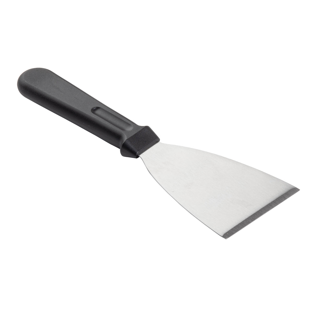 A stainless steel scraper with a wide, flat blade and black plastic handle. The blade tapers to a straight edge and is securely attached, perfect for removing paint, putty, or debris. Durable and dishwasher safe for easy cleaning.