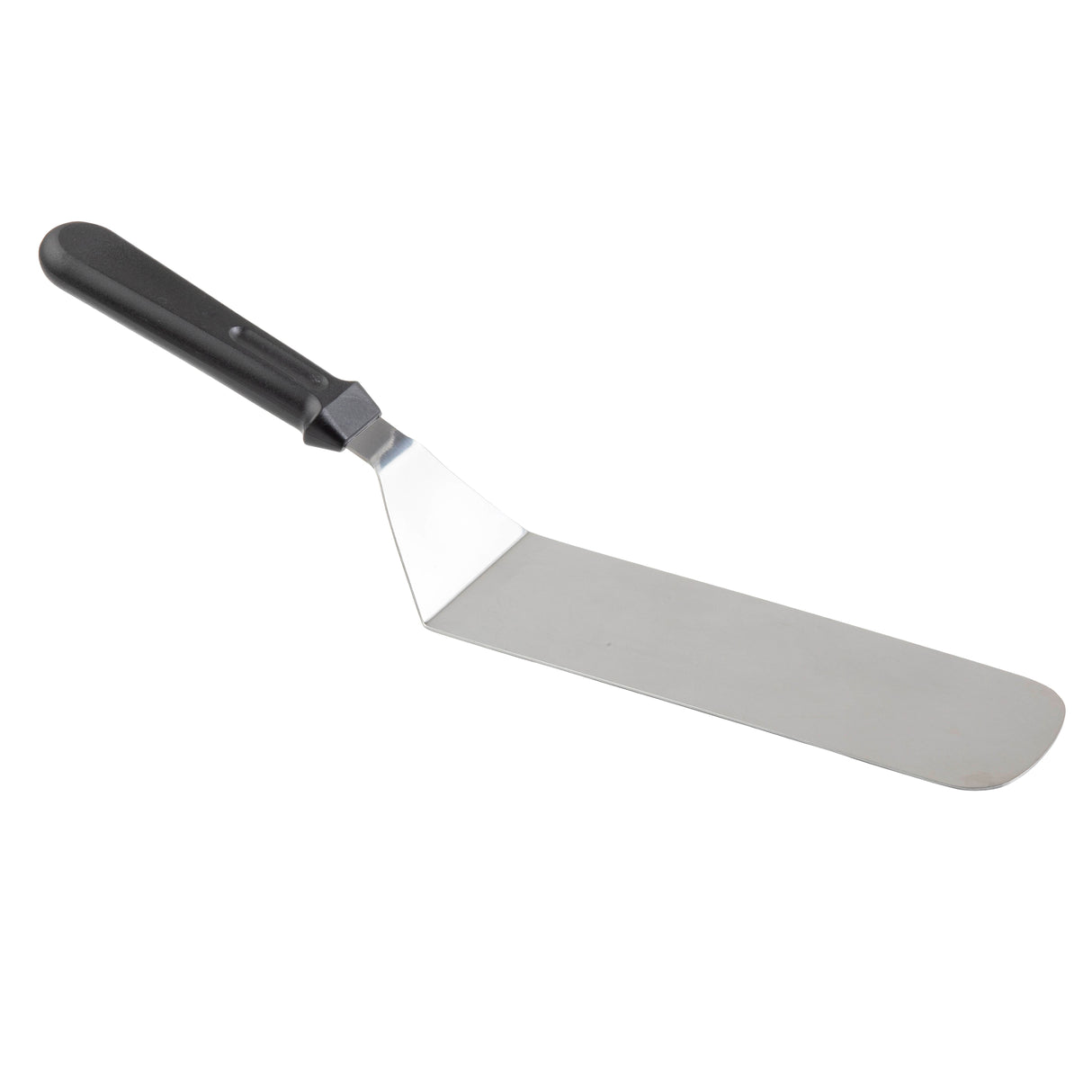 A stainless steel Turner with a long, rectangular, flat blade and a black plastic handle. The blade is silver, slightly rounded at the tip for flipping food. Dishwasher safe, with a hanging hole on the handle for easy storage.