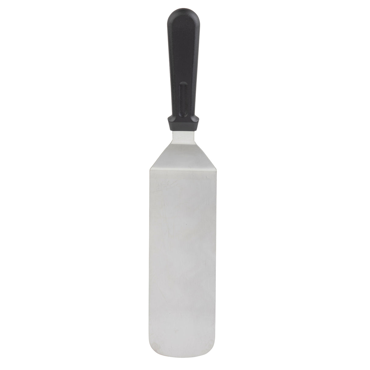 A stainless steel turner featuring a long, rectangular silver blade with rounded edges and a black textured handle for grip. Dishwasher safe, the spatula is photographed on a plain white background.