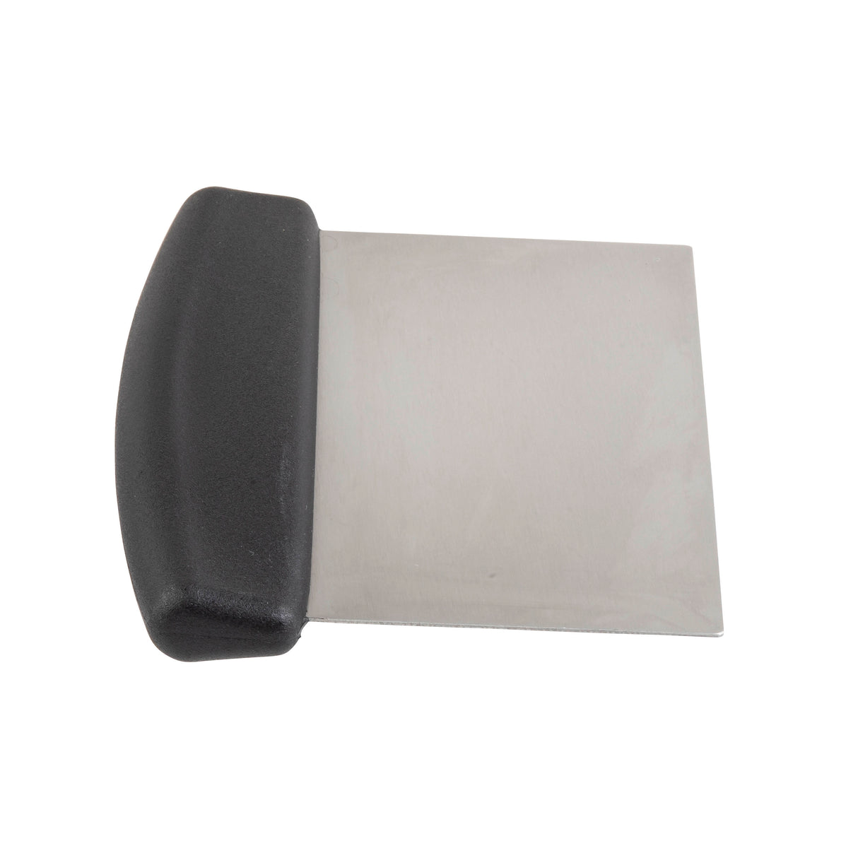 A stainless steel dough scraper with a flat rectangular blade and an ergonomic black handle is shown on a white background. Perfect for baking, dough cutting, and scraping surfaces, this tool is also dishwasher safe for easy cleaning.