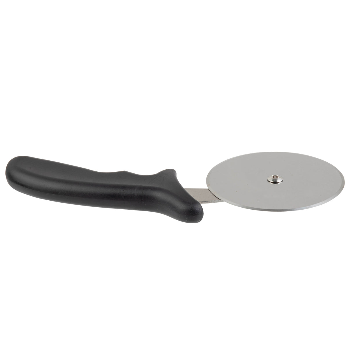 A stainless steel pizza cutter with a large, round pizza wheel and a black, ergonomic plastic handle. The blade is attached to the handle by a short metal arm, and the dishwasher safe cutter rests against a plain white background.