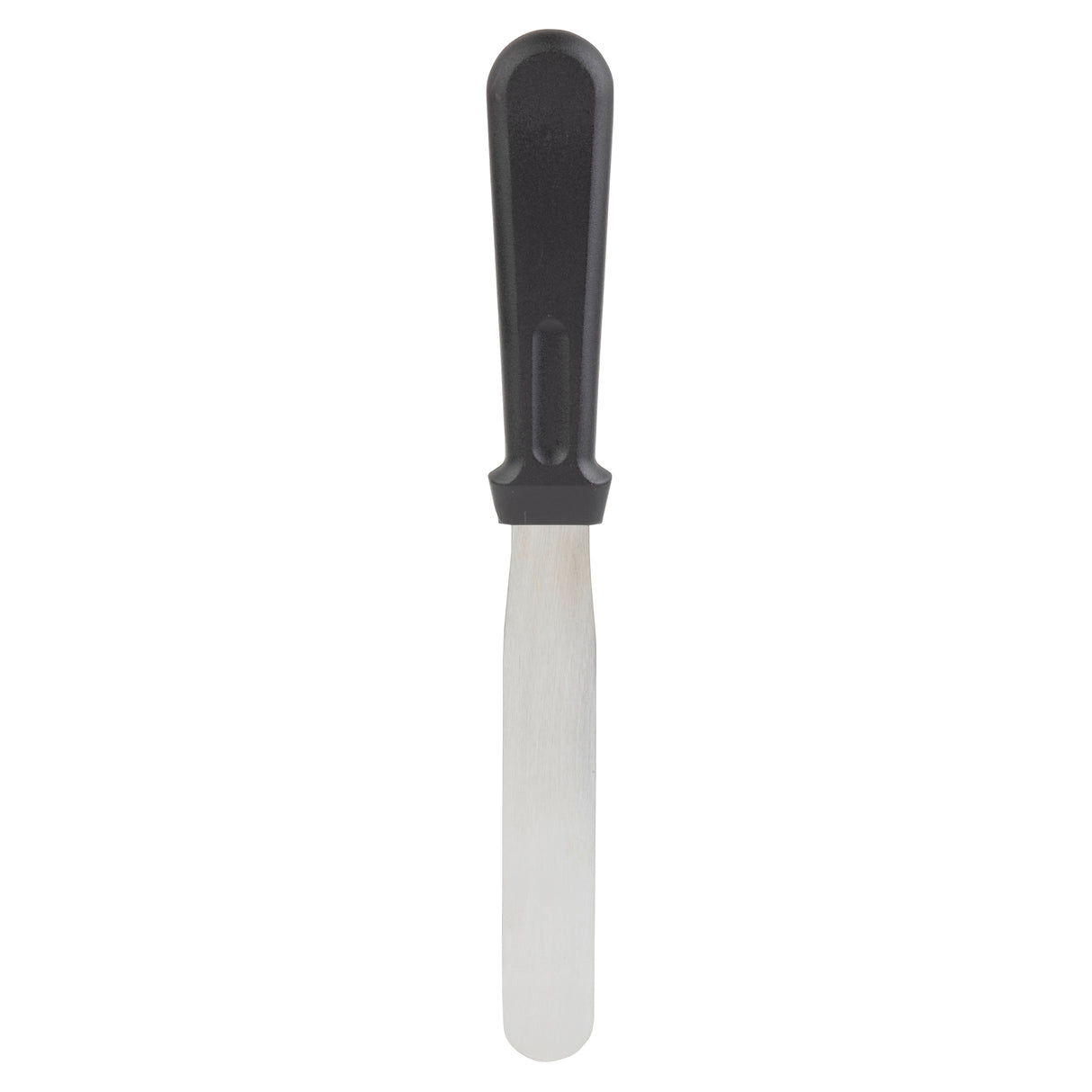 A stainless steel icing spatula with a straight, flat silver blade and black plastic handle. The smooth, rounded blade is ideal for spreading frosting on baked goods. Dishwasher safe and shown on a plain white background.