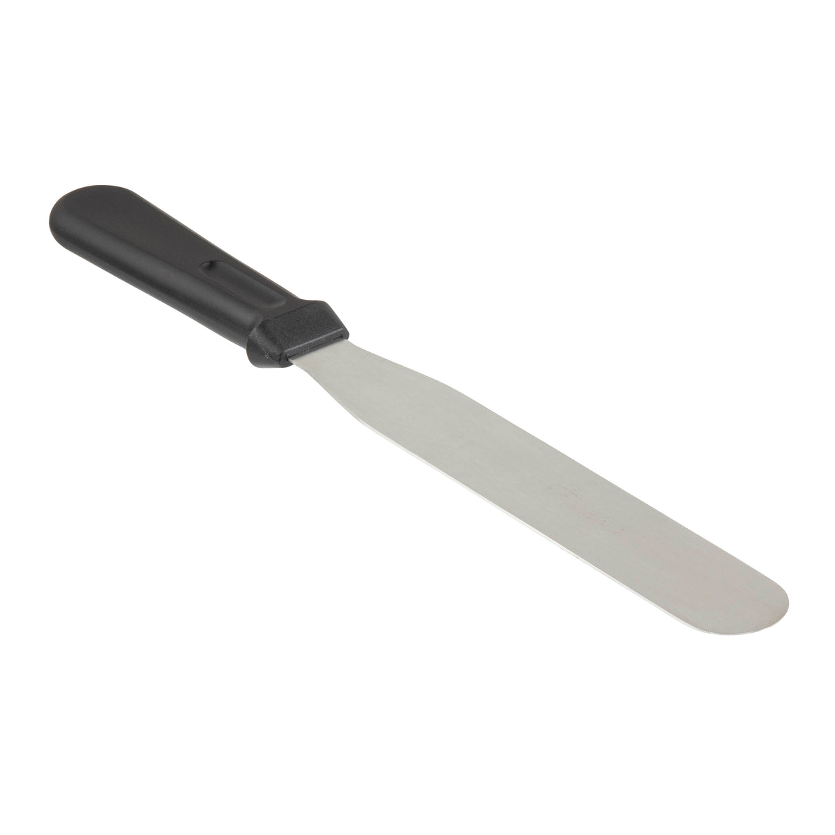 A stainless steel icing spatula with a long, narrow, rounded blade and black plastic handle. Perfect for spreading or smoothing cake icing, its angled handle offers comfort, and it’s dishwasher safe for easy cleanup.