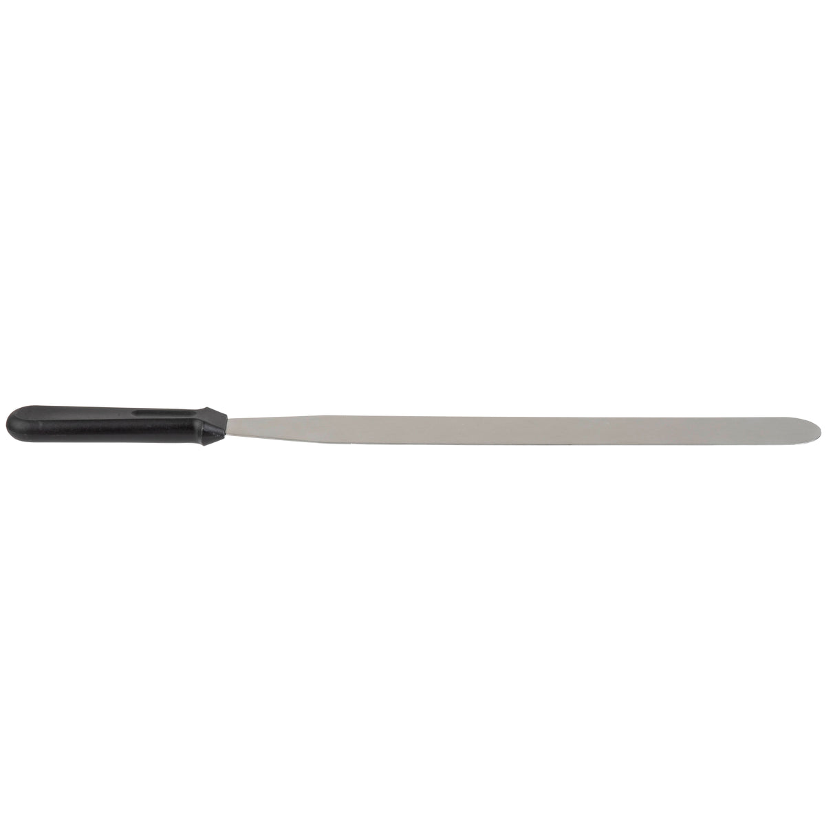 A long, flat stainless steel icing spatula with a rounded tip and a black plastic handle, shown against a white background. This utensil is dishwasher safe and ideal for spreading cake icing or batter.