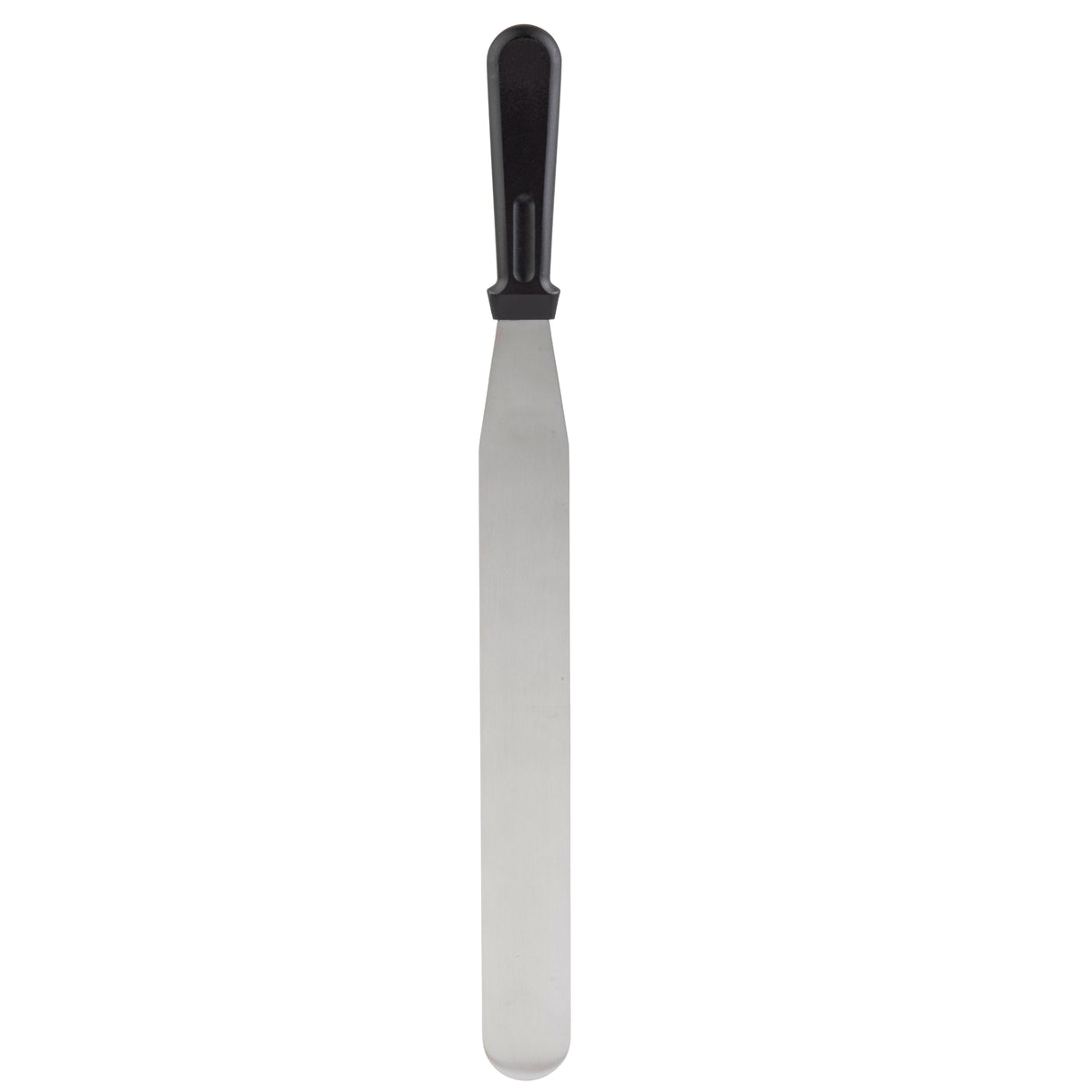 A stainless steel icing spatula with a long, narrow blade and a black plastic handle, ideal for spreading frosting or smoothing cake surfaces. The flat, rounded tip is both efficient and dishwasher safe. Shown against a white background.
