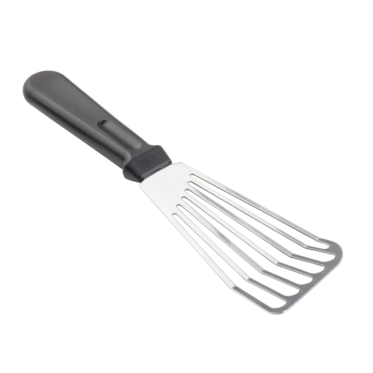 A stainless steel Fish Turner with a black plastic handle and thin, slotted blade is designed for flipping delicate foods. Featuring angled, flexible tines and a slight curve, this lightweight utensil is also dishwasher safe. Set against a white background.