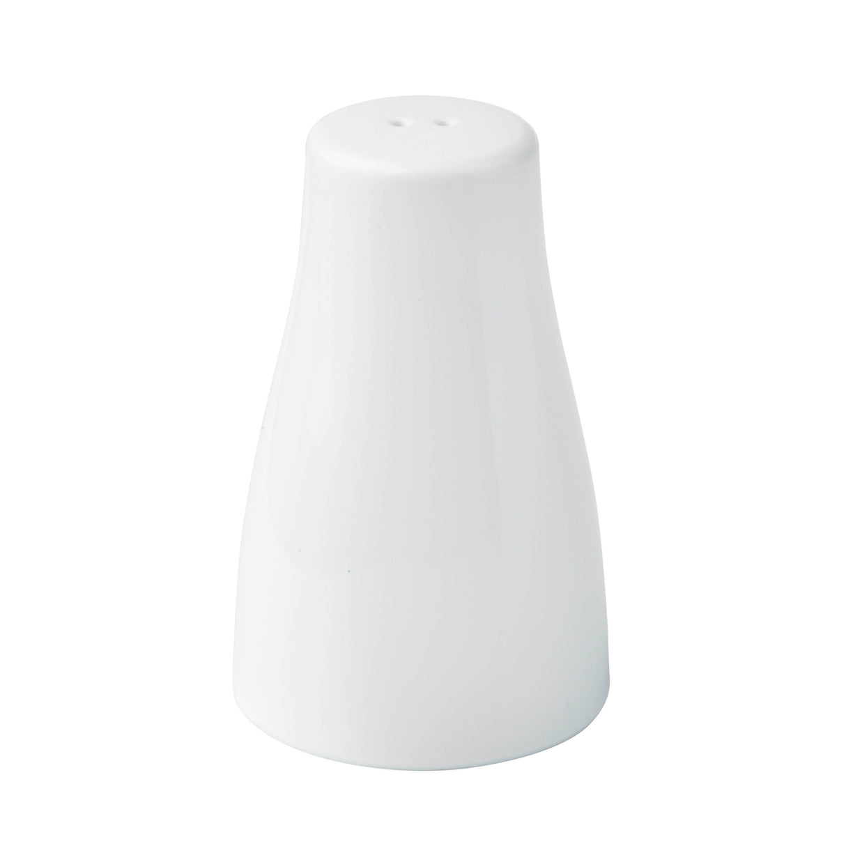 A simple, white, ceramic salt shaker with a smooth, glossy finish. Part of a classic Salt & Pepper Shaker Set, it features a slightly flared base and narrow top with two small holes. The background is plain white.