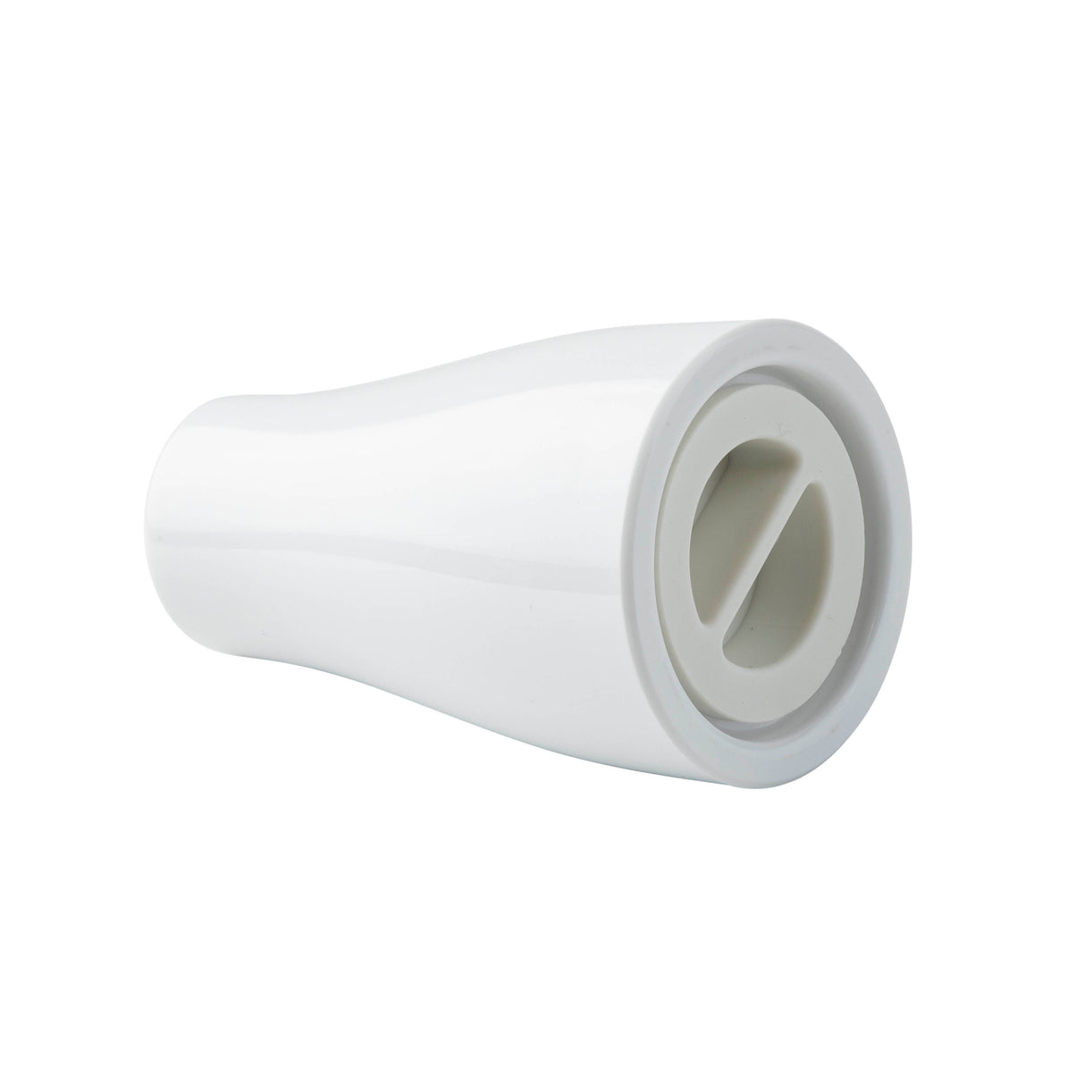 A white, cylindrical object with a slightly tapered shape and glossy melamine surface features a round, flat end with a slotted, recessed area. Photographed on a white background, it resembles an item from a TableCraft Salt & Pepper Shaker Set.