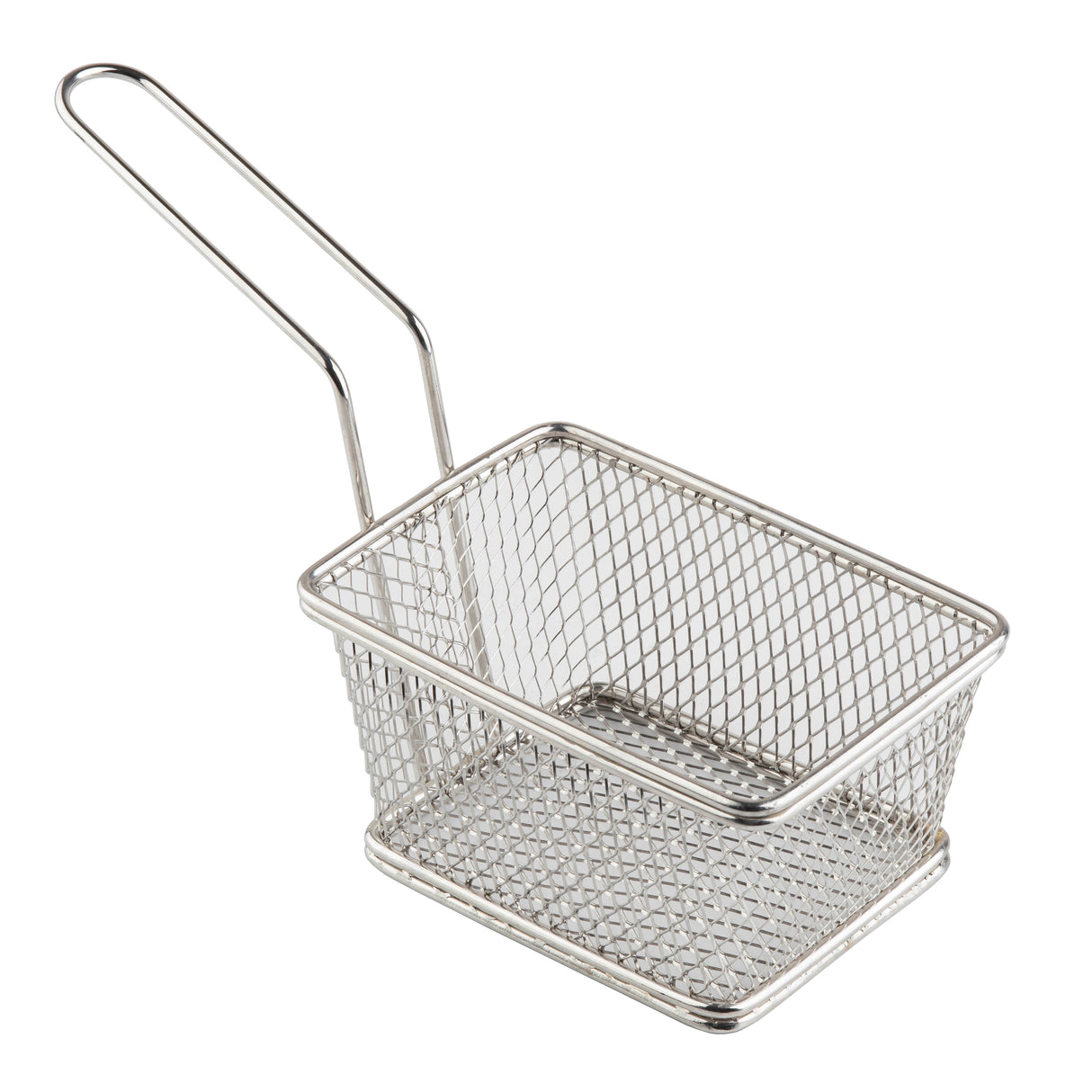 A small, rectangular stainless steel serving basket with a mesh design and a long handle, typically used for deep frying or serving food. The empty basket is placed on a plain white background.