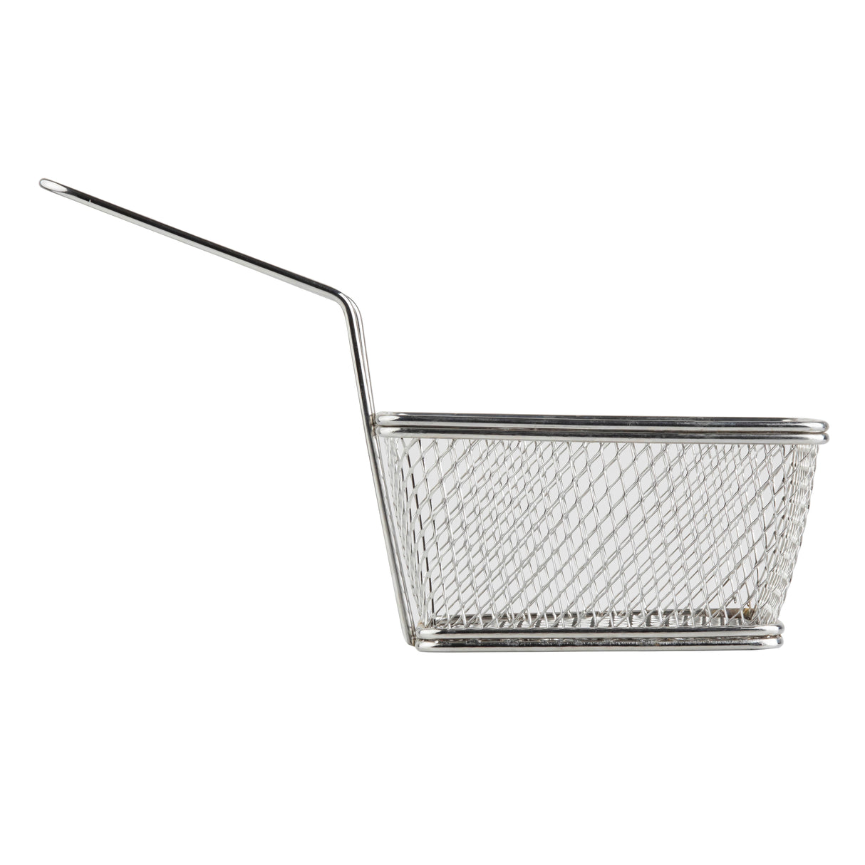 A stainless steel wire mesh serving basket with a long, straight handle, commonly used as a deep fryer basket. The rectangular basket features a grid pattern and is photographed from the side on a white background.