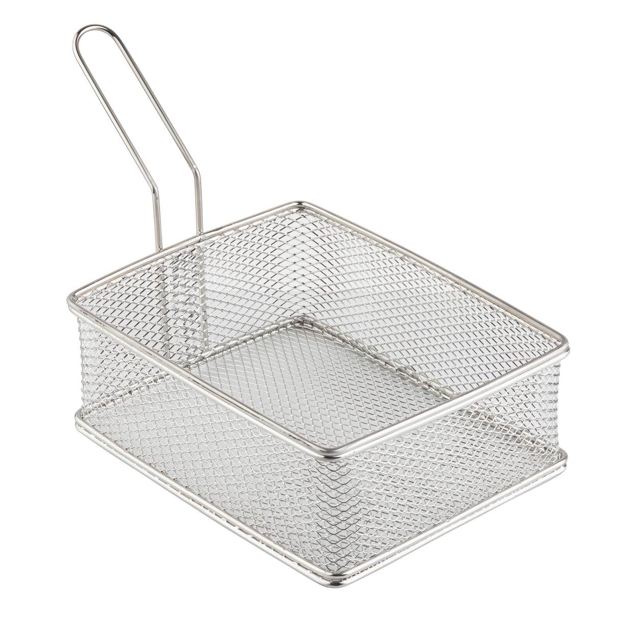 A rectangular, stainless steel wire serving basket with a fine mesh design and a long handle, typically used for deep frying food. The empty basket is shown on a white background.