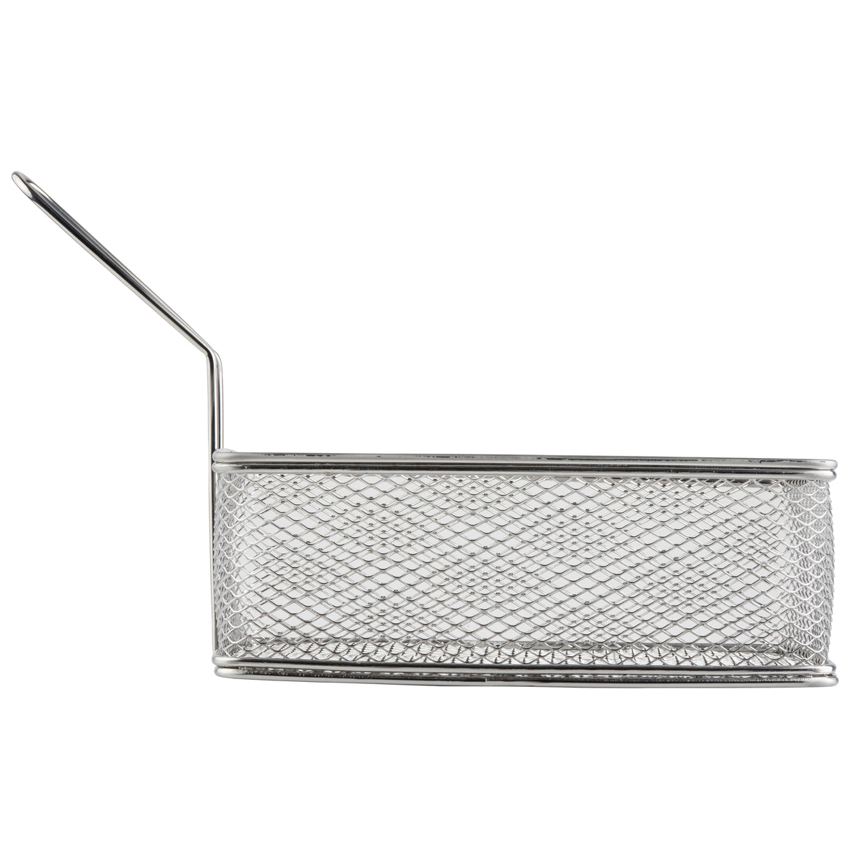 A small, oval-shaped stainless steel serving basket with a mesh design and a single straight handle extending upward from one side. The basket appears empty and is set against a white background.