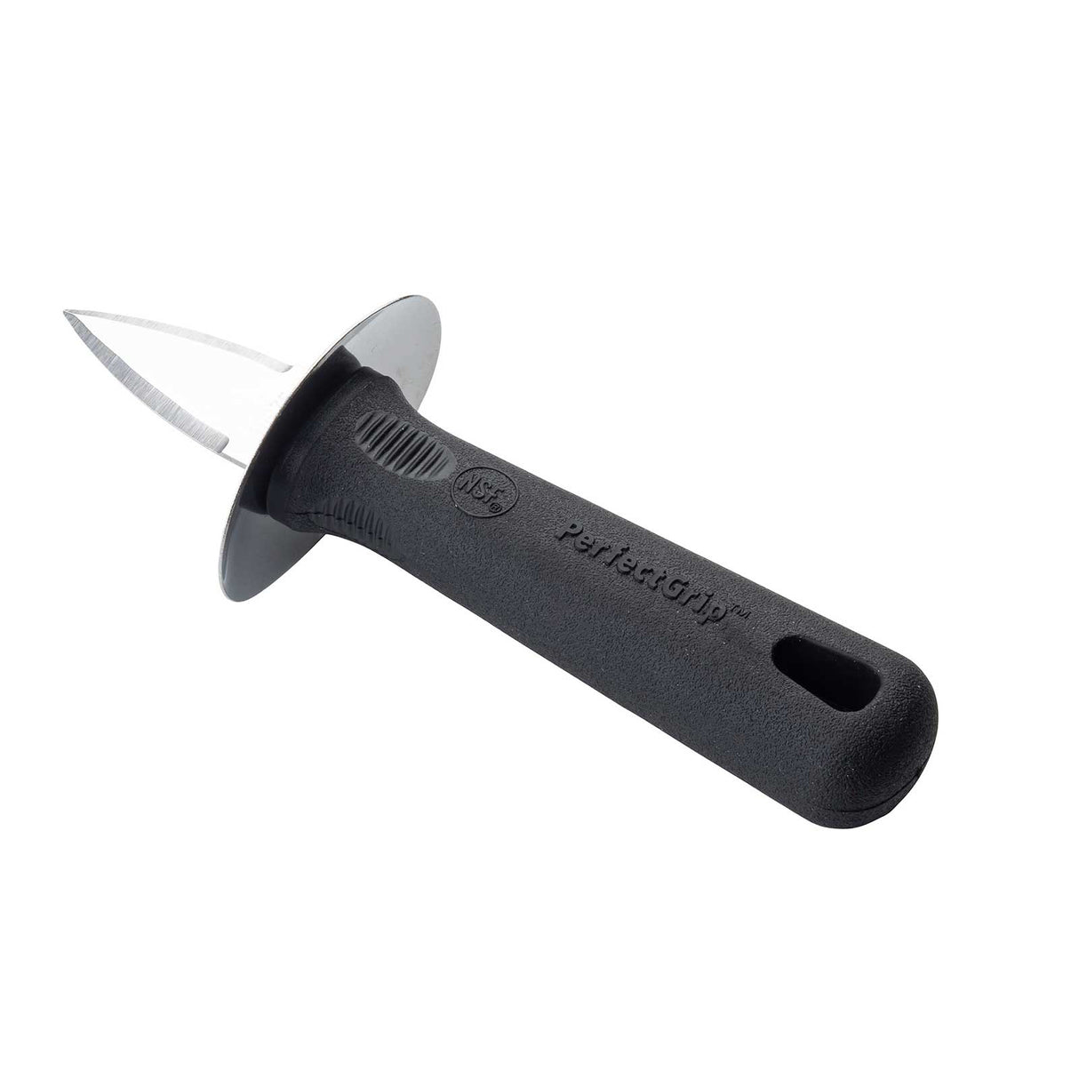 A stainless steel Oyster Shucker with a short, pointed blade and a black ergonomic PerfectGrip handle featuring a round guard and a convenient hole for hanging. The textured handle ensures comfort and control.