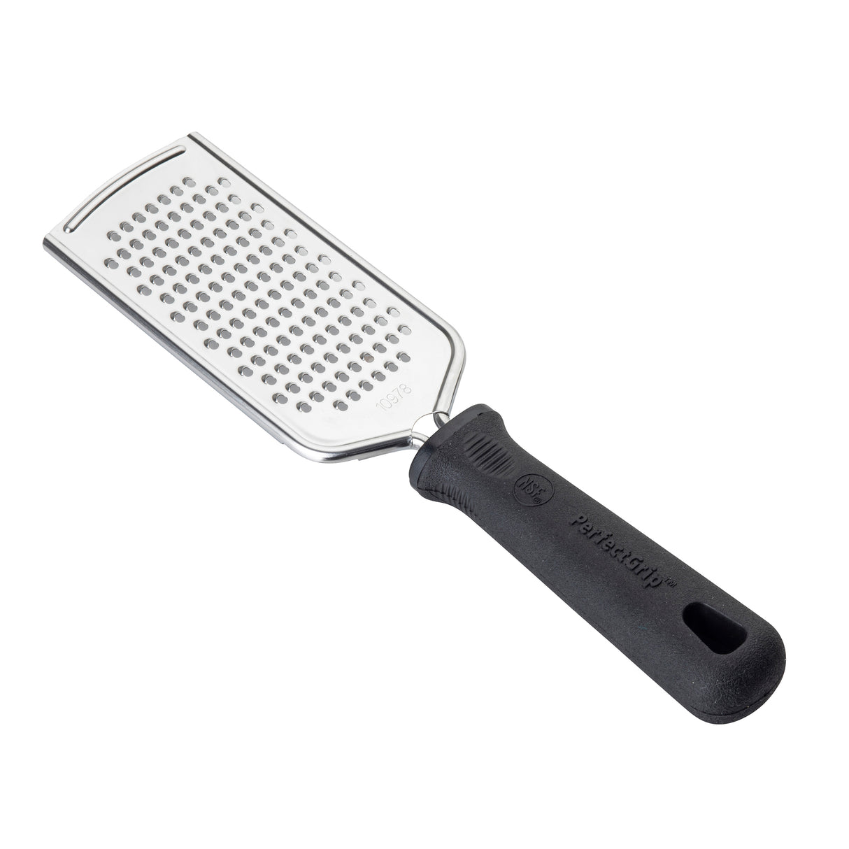 A stainless steel small hole grater with a rectangular surface and sturdy black PerfectGrip handle labeled “Pampered Chef,” designed for a comfortable grip during all your grating tasks.