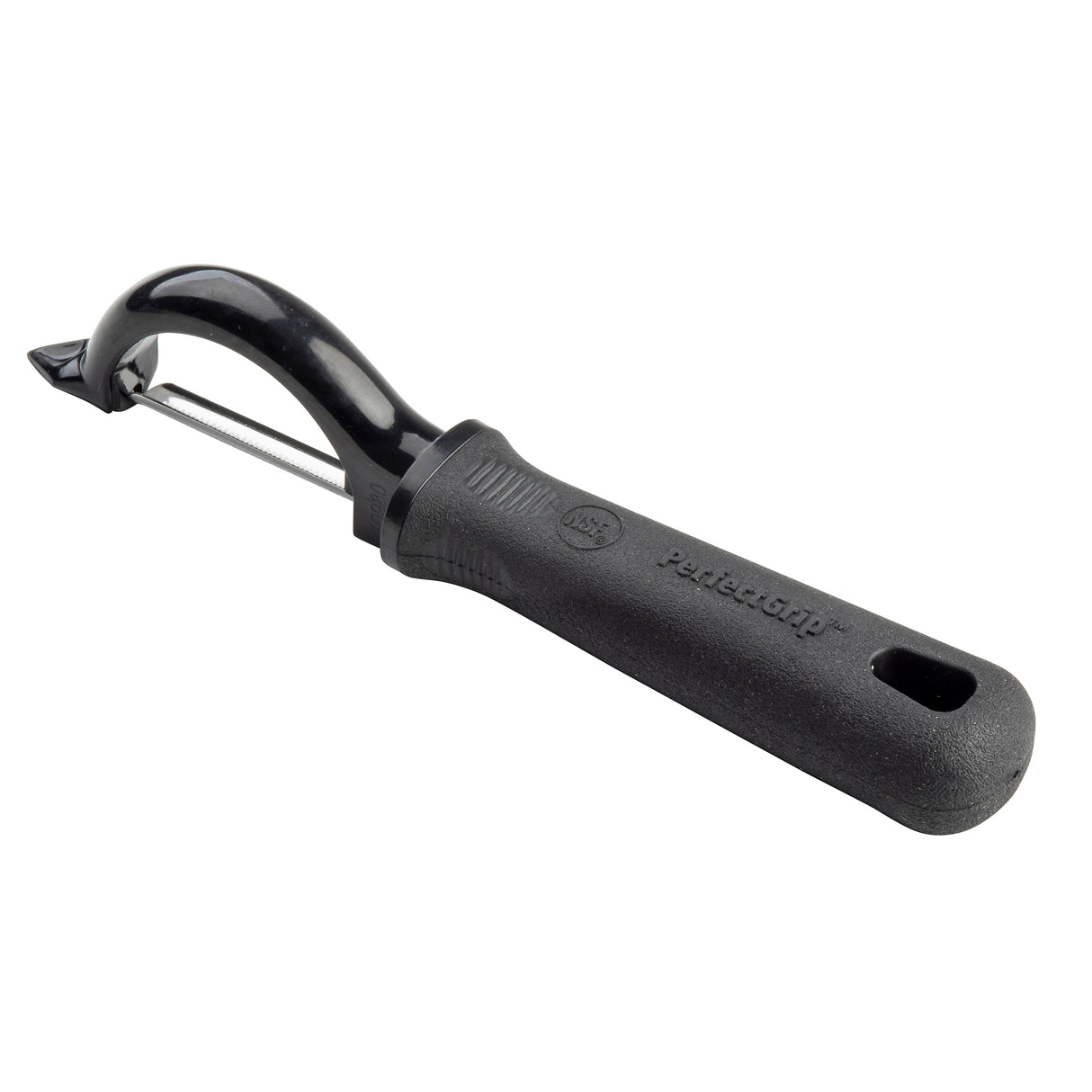 A black Perfect Grip Straight Peeler with a curved handle and a straight, horizontal stainless steel blade. The handle has a textured grip and a hole for hanging, with “PerfectGrip” embossed on the side.