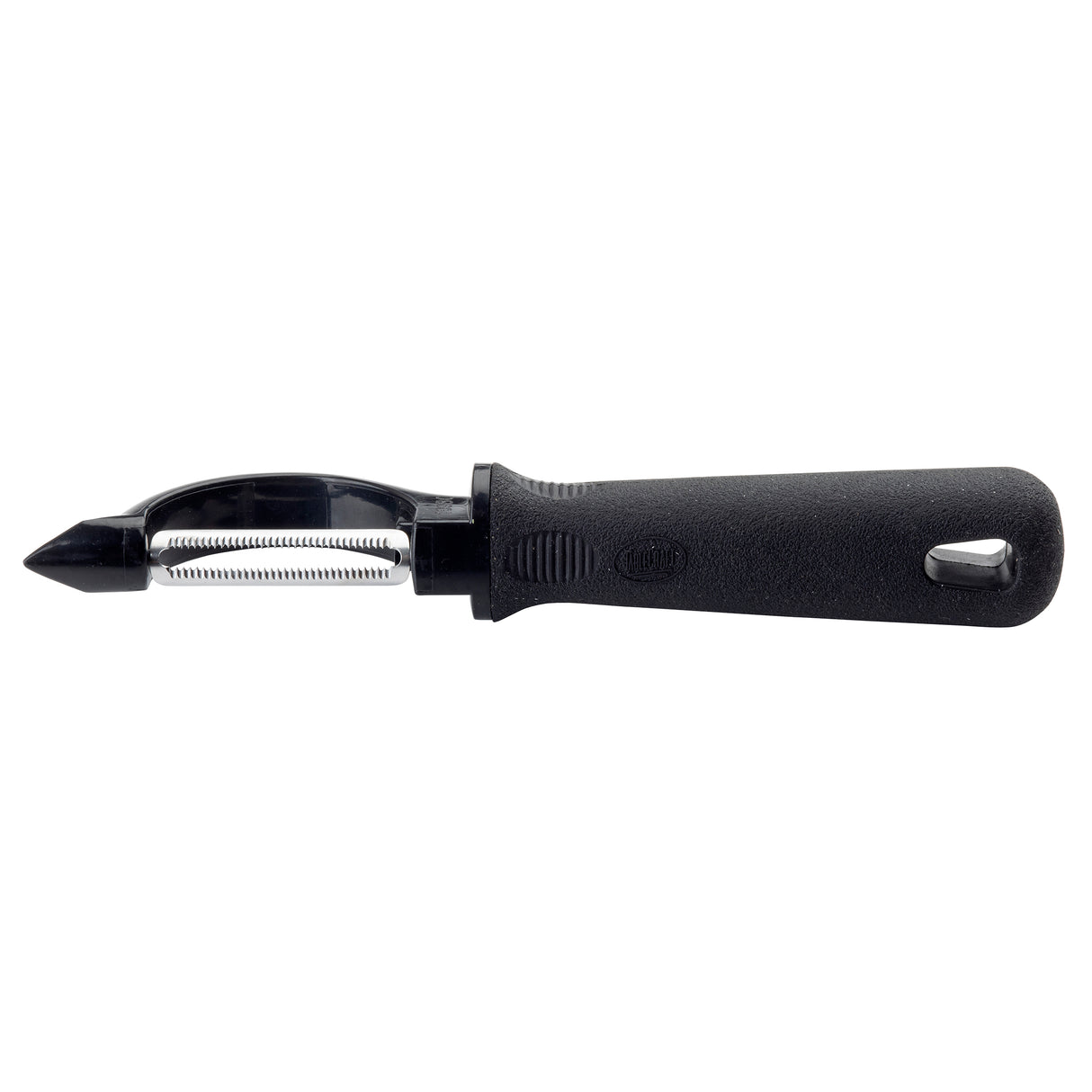A black serrated edge peeler with a stainless steel blade, ergonomic textured handle, and a hanging hole. The Perfect Grip Straight Peeler features a horizontal blade across the top and a pointed tip for removing blemishes.