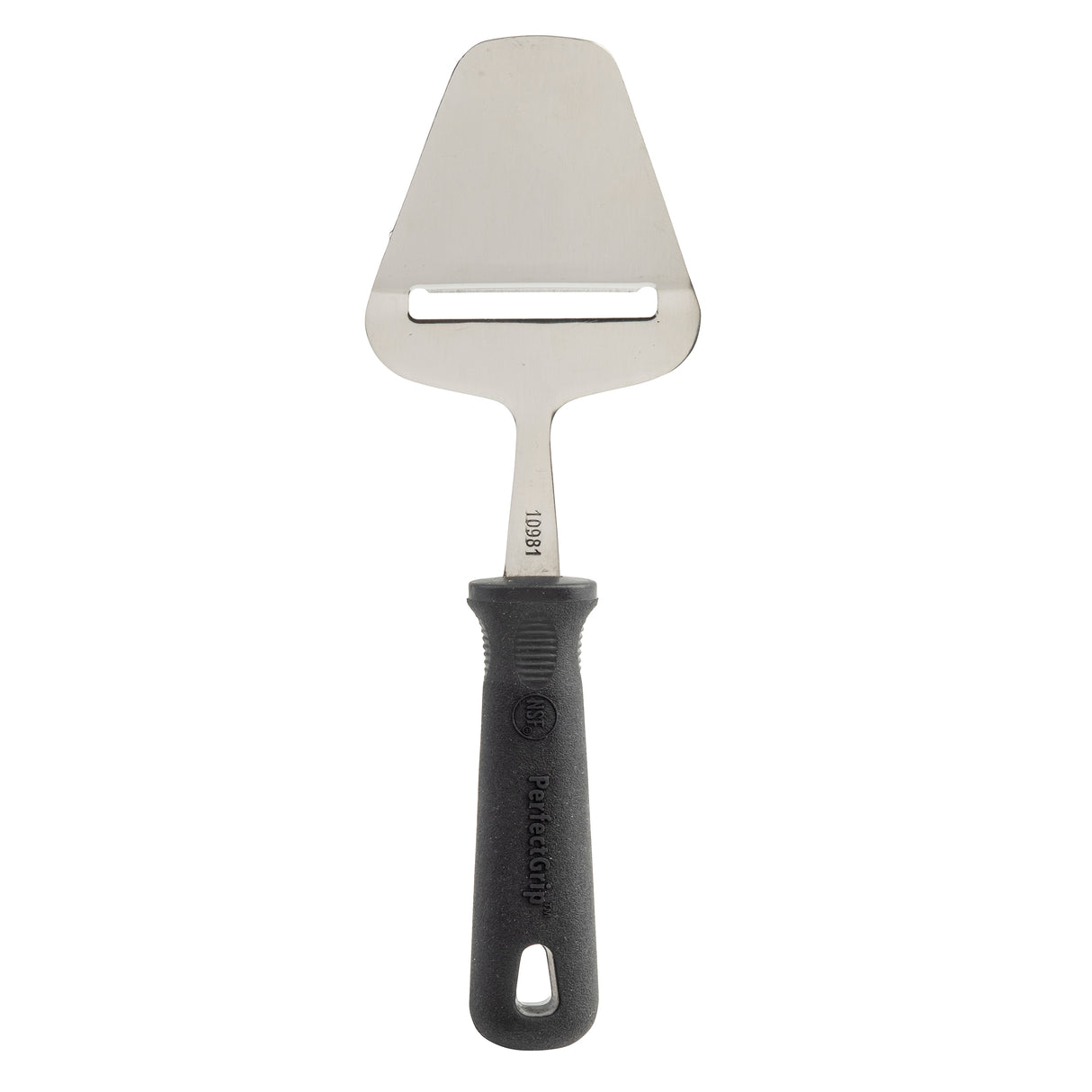 A stainless steel cheese plane with a flat, triangular blade and horizontal slot is attached to a textured black PerfectGrip Cheese Plane handle, featuring a hanging hole and Pampered Chef branding.