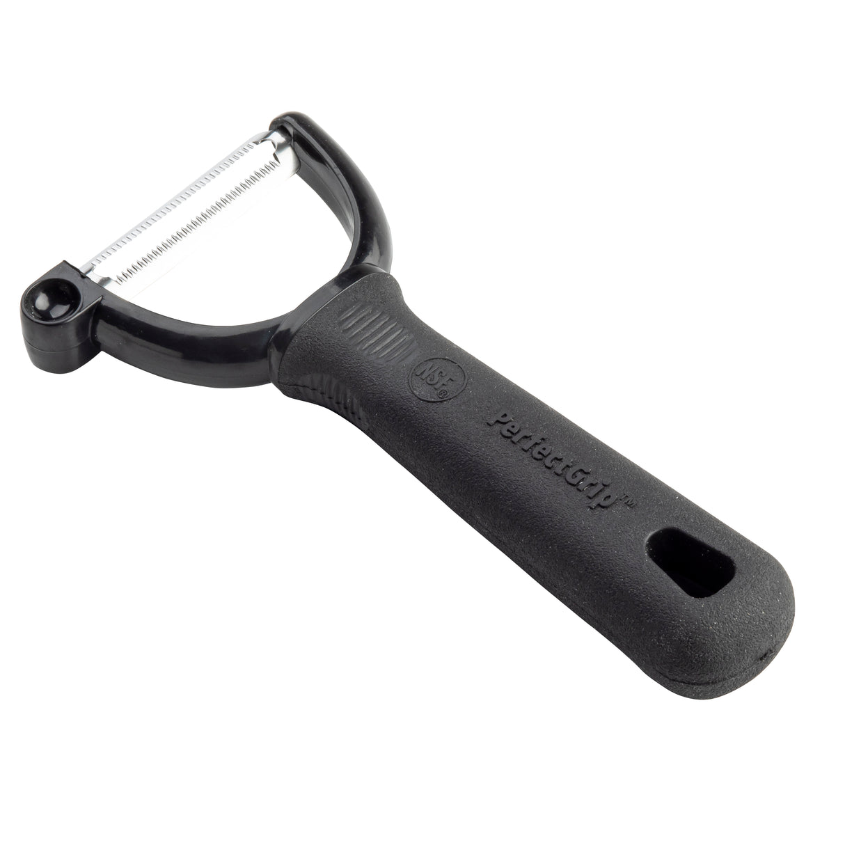 A black-handled Y peeler with a serrated stainless steel blade, perfect for peeling fruits and vegetables. The ergonomic handle features a textured grip and a hole at the end for convenient hanging.
